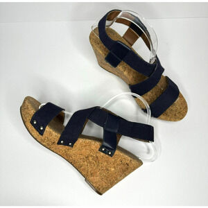 Lucky Brand Marla Wedge Sandal Womens 9 Navy Blue Cork Stretch Canvas Strap